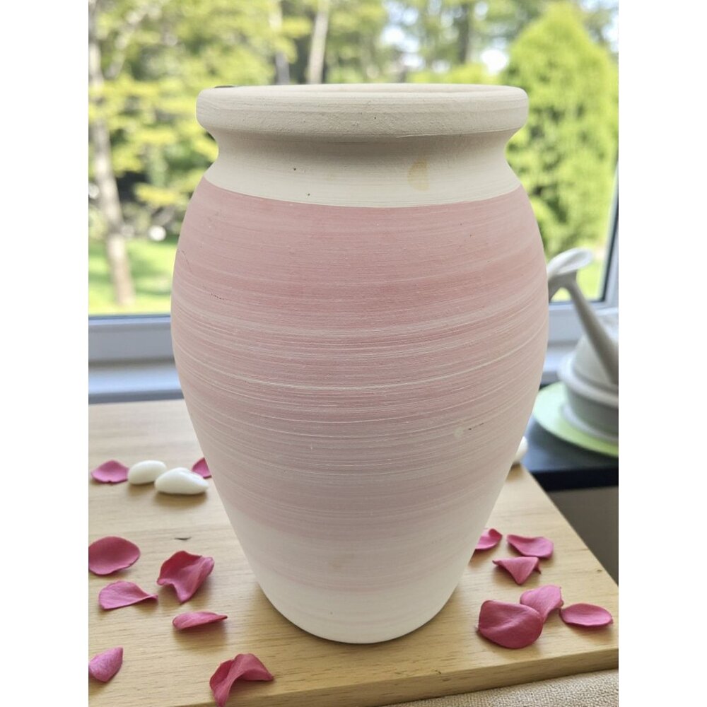 vintage terra cotta hand turned pink/white heavy vase.
